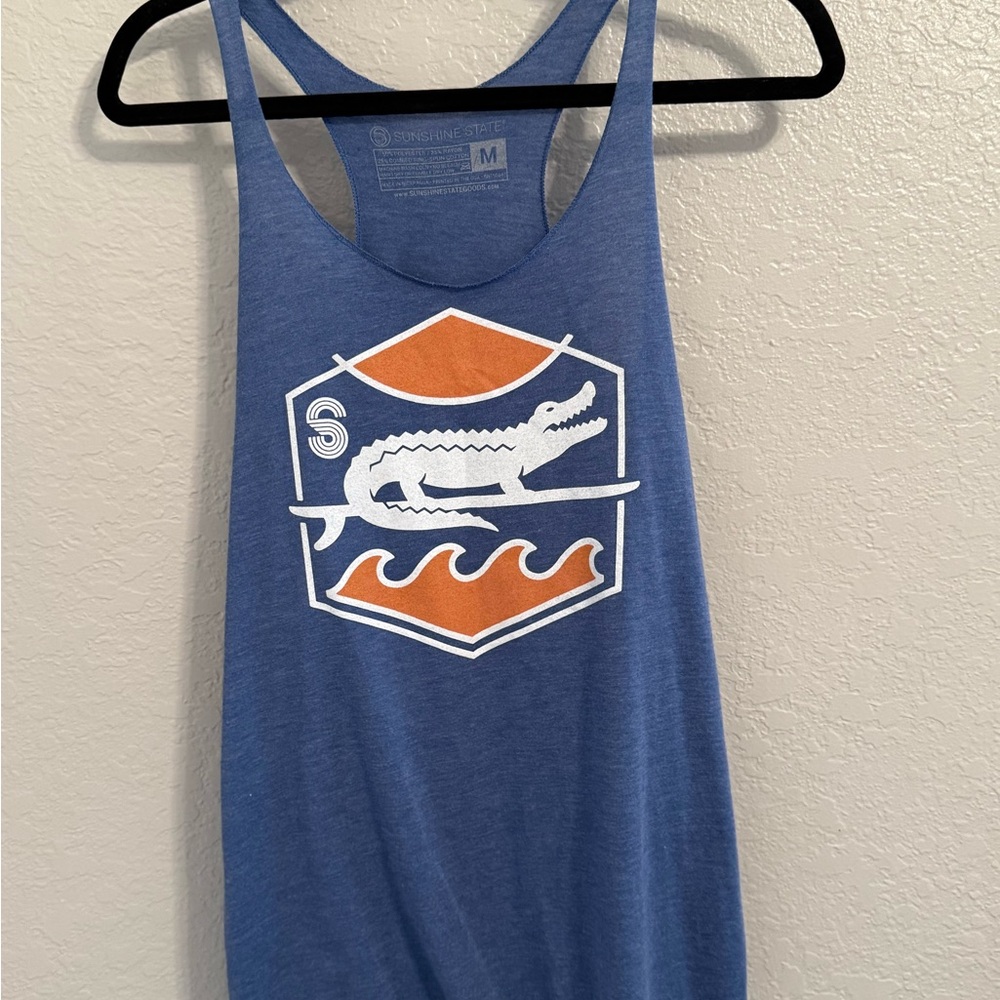 Alligator on Surfboard! Blue Tank